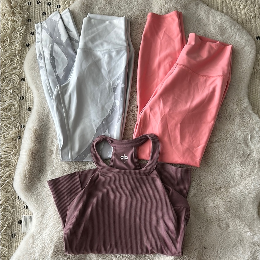 ALO Yoga Leggings and Top Set - Pink, Gray, and Purple medium